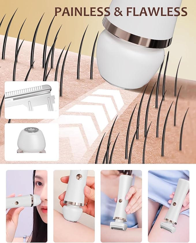 Facial Hair Remover for Women - 2-in-1 Electric Painless Face Hair Removal Shaver Device - Waterproof Face Trimmer & Body Epilator - Rechargeable Razor with 2 Heads for Lips Arms Legs Bikini Body
