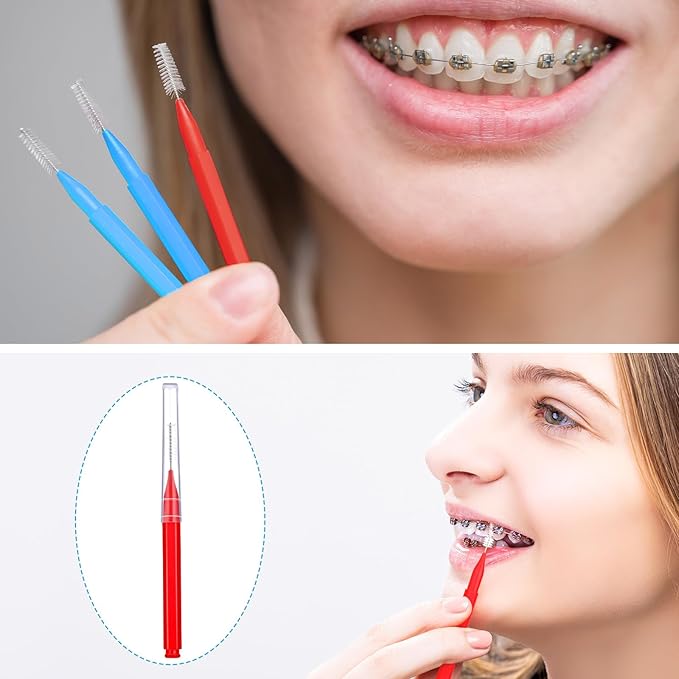 Patelai 100 Pieces Braces Brush for Cleaner Interdental Brush Toothpick Dental Tooth Flossing Head Oral Dental Hygiene Flosser Toothpick Cleaners Tooth Tool(Blue, Red,Suitable Size)