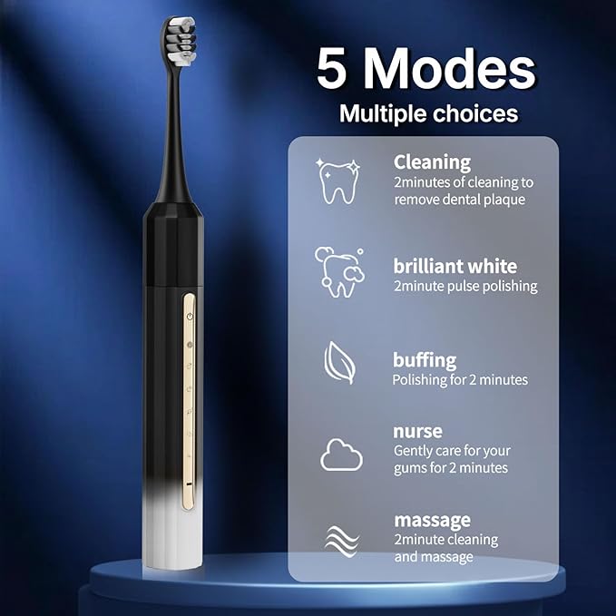Sonic Electric Toothbrush with 10 Brush Heads for Adults and Children, Up to 90 Days on a Single Charge,5 Modes,Built-in 2-Minute Smart Timer, IPX8 Waterproof Electric Toothbrush (Black White)
