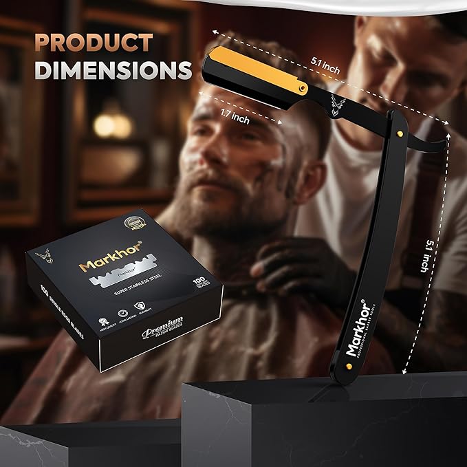 Markhor® Straight Razors for Men with 100 Single Edge Razor Blades | Matte Black with 24k Gold Platted Barber Straight Razor | Straight Edge Razor | Barber Razor Blade | Navajas Para Barbero
