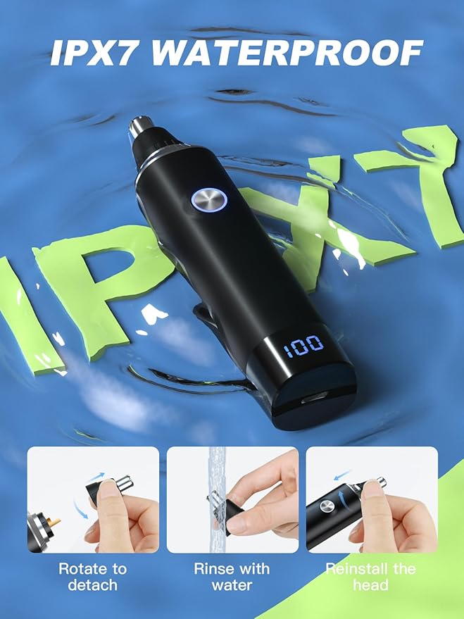 Ear & Nose Hair Trimmer with LED Display for Men Women,Painless USB Rechargeable Eyebrow & Facial & Nose Hair Trimmer Clipper,Professional IPX7 Waterproof Dual Edge Blades (Black)