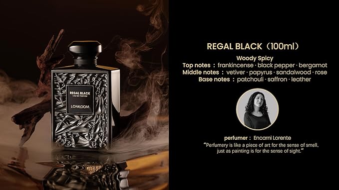 LONKOOM Regal Black Perfume for Men, Woody Spicy Eau De Parfum Spray Long-Lasting Fragrance Cologne 3.4 Fl Oz/100ml, Notes of Frankincense Black Pepper Bergamot Vetiver Papyrus Sandalwood Rose Saffron