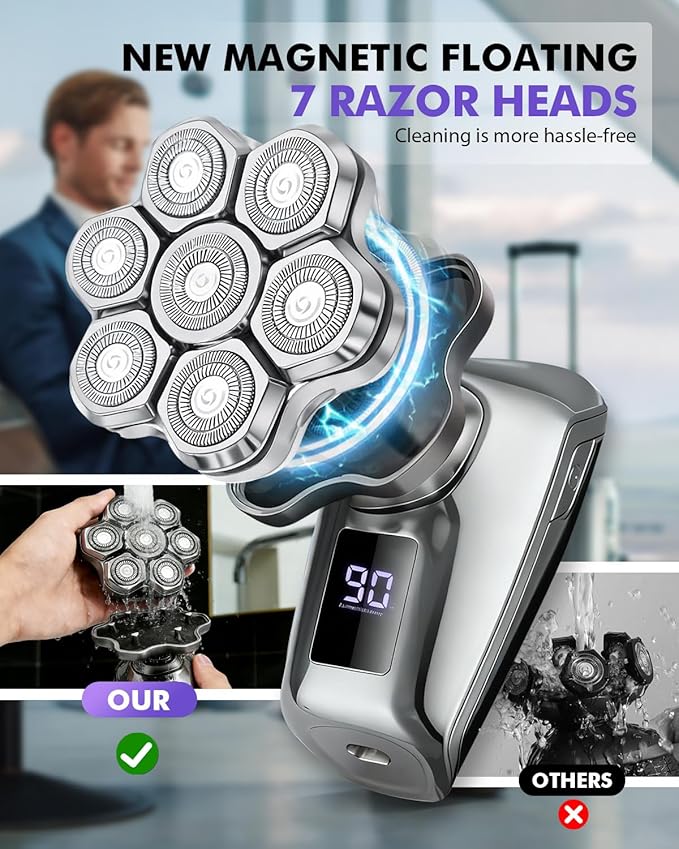 Head Shavers for Blad Men, 7D Floating Blades Electric Head Shaver, IPX7 Waterproof Wet Dry Bald Head Shaver, Magnetic Detachable Rechargable Head Shavers, Gifts for Man Male Father Husband