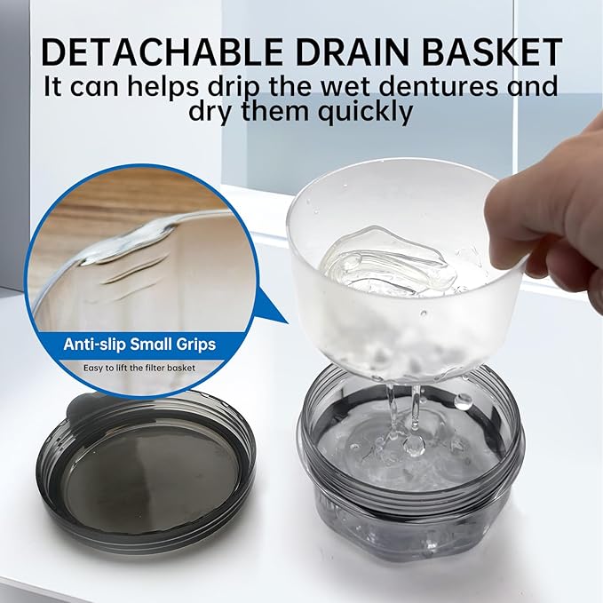 Leak Proof Denture Cups for Soaking Dentures with Strainer Basket and Brush, Partial Denture Bath Case Travel Retainer Cleaning Container Case for Aligner, Denture, Mouth Guard - Transparent Black