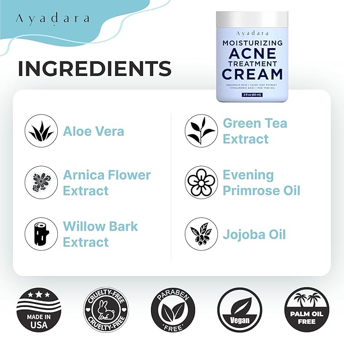 Moisturizing Acne Cream, Salicylic Acid Face Moisturizer for Oily & Acne-Prone Skin, Helps with Pimples, Blackheads, Whiteheads, Hormonal & Cystic Acne, for Men and Women, 90-Day Supply by Ayadara