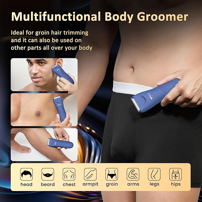 Electric Body Hair Trimmer for Men with Extra Skin-Safe Ceramic Blade, Ball Shaver Groomer w/LED Light& Charging Dock, Pubic Groin Hair Trimmer Male Razor Waterproof (Blue-with Charging Light)