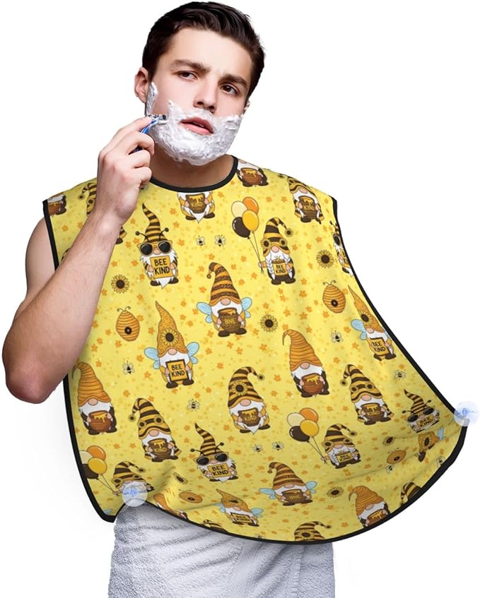 Men's Shaving Accessory Funny Honeybee Gnomes Bee Sunflower Yellow Flowers Floral, Waterproof Beard Apron with Hair Catcher & Suction Cups
