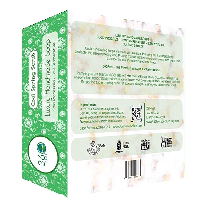 360Feel Cool Spring Scrub Soap - Made in the USA - Castile Handmade, All-Natural, Cold-Processed - Infused with Essential Oils for Gentle Exfoliation & Rich Lather - 5 oz