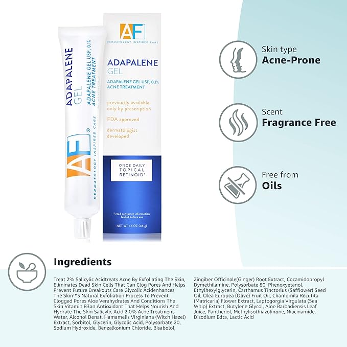 Acne Free Adapalene Gel 0.1%, Once-Daily Topical Retinoid Acne Treatment, Dermatologist Developed, Unclogs Pores and Clears Acne, Prevents and Improve Whiteheads and Blackheads, 1.6 Ounce