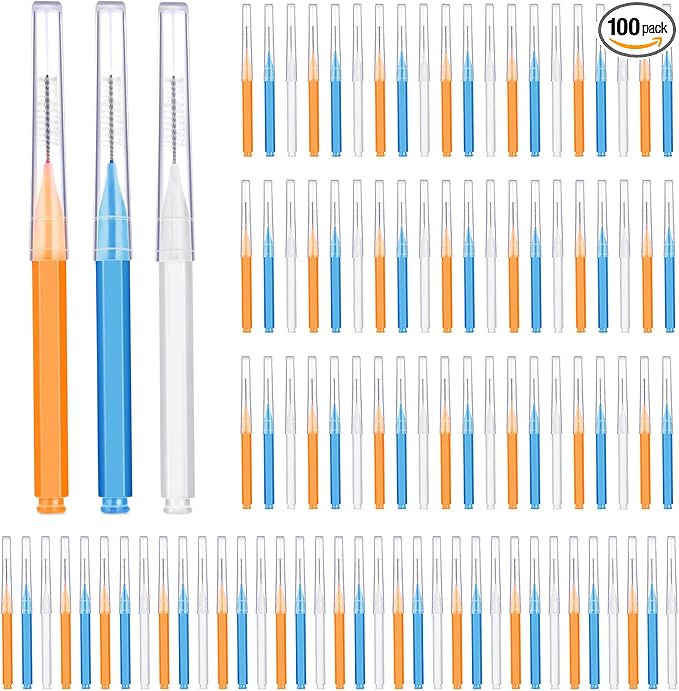 Patelai 100 Pieces Braces Brush for Cleaner Interdental Brush Toothpick Dental Tooth Flossing Head Oral Dental Hygiene Flosser Toothpick Cleaners Tooth Tool(White, Orange, Blue,Proper Size)