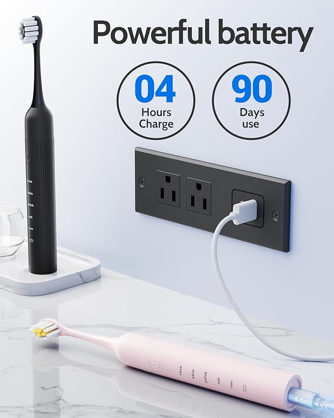 2 Pack Electric Toothbrush Set, Comes with 12 Brush Heads & 2 Electric Toothbrush,5 Modes with 2 Minutes Built in Smart Timer, One Charge for 60 Days, 38000 VPM Motor,Black and Pink.