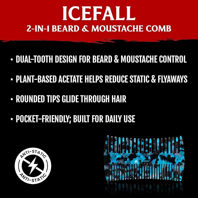 Mad Viking ICEFALL Beard & Mustache 2-in-1 Premium Styling Comb – Dual-Sided Anti-Static Grooming Tool– Durable and Travel-Ready – Smooths, Detangles & Distributes Oils for Strong, Tamed Hair