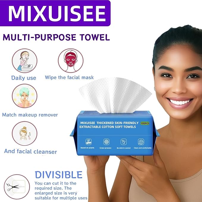 Disposable face towels, MIXUISEE thick and soft face towels. 100% pure cotton, super thick 130%. Suitable for makeup removal and cleansing, and applicable to sensitive skin. (300 pieces)