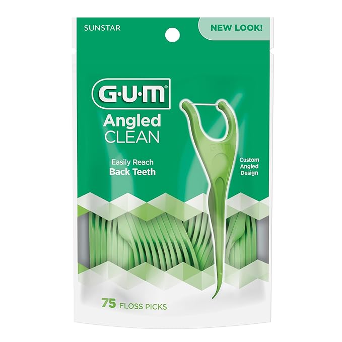 GUM Angled Floss Picks, Perfect for Tight Teeth, Extra Strong Shred-Resistant Dental Floss, Angled for Easy Reach, Dental Flossers for Adults, Fresh Mint Flavor, 75 Count