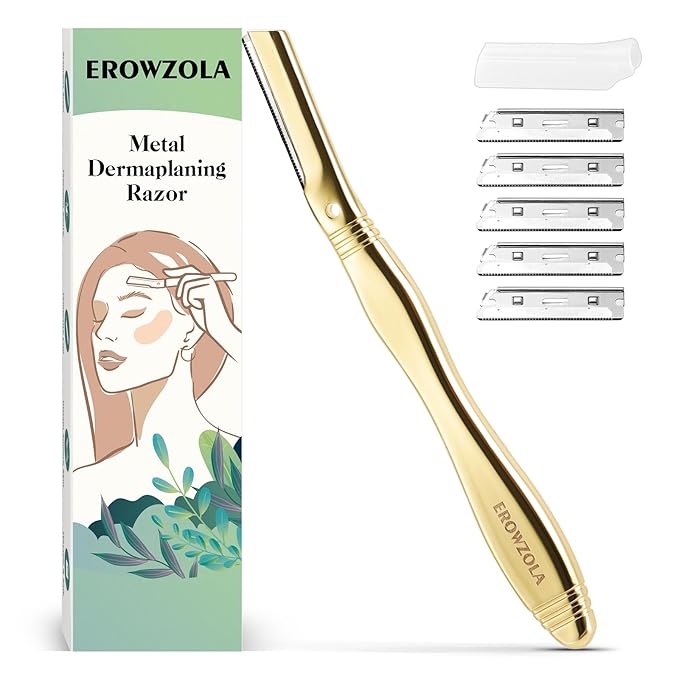 Eyebrow Razor for Women and Men, Face Razors for Women, Dermaplane Razor with Protective Silicone Cover, Reusable Metal Handle with 6 Refill Blades, Skin Care Tool, Gold