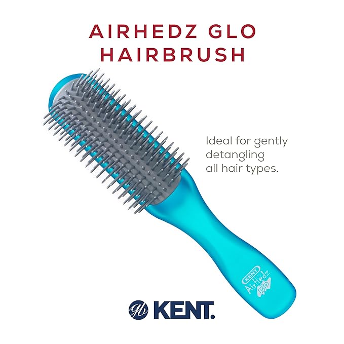 Kent AHGLO01 Airhedz Glo Blue Half Round Narrow Detangling Hair Brush - 9 Row Ionic Anti Static Non Scratch Long Nylon Bristle Great for Detangling and Smoothing Medium to Long Length Hair