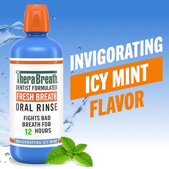 TheraBreath Fresh Breath Oral Rinse, Invigorating ICY Mint Flavor, Dentist Formulated and ADA-Accepted Mouthwash for Bad Breath pH-Balanced, Alcohol Free & Non-Burning, 1 Liter, (Pack of 2)