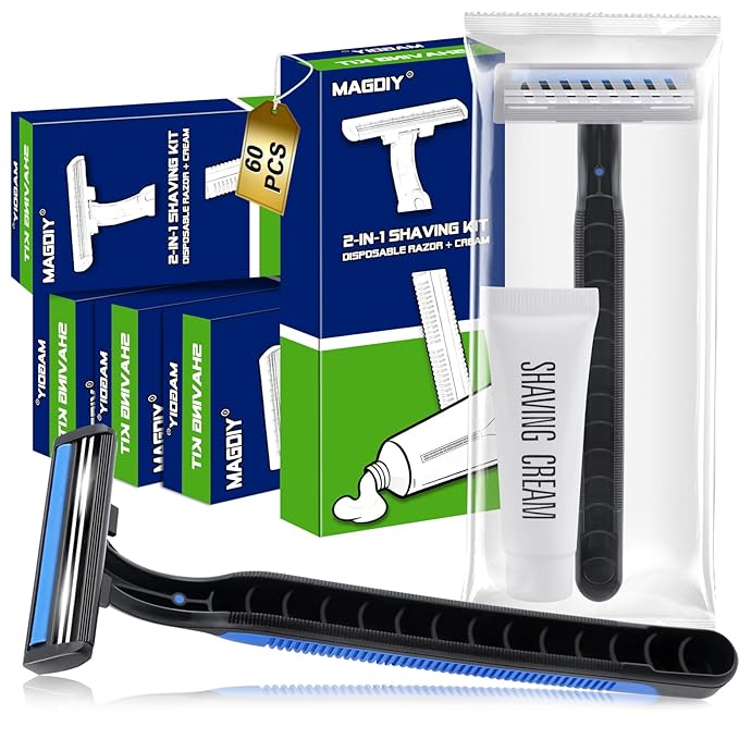 60 Pack Disposable Razors Bulk with Shaving Cream (10g) for Men, Shaving Kit for Men, Twin Blade Disposable Razors and Travel Cream, Individually Wrapped Toiletries for Homeless Shelter Hotel