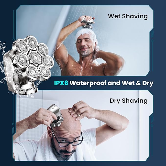 Phisco 8D Electric Head Shaver for Bald Men, Upgraded Cordless Rechargeable Razor, Wet/Dry Use with LED Display