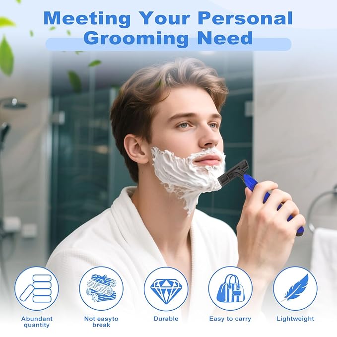 Disposable Twin Blade Razors in Bulk, Individually Wrapped - Clear Safety Cap, For Homeless, Hotel, Airbnb, Travel (pack of 50,blue)