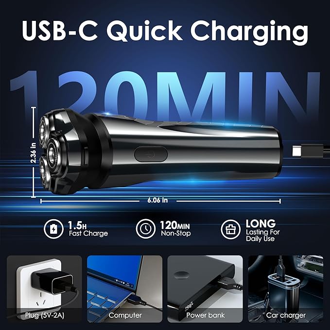 Electric Rechargeable Shaver for Men,Wet & Dry Electric Razor, IPX7 Waterproof Rotary Shaver for Men,4D Floating Head, LED Display,Type-C, Travel-Friendly, Black