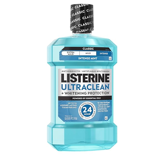 Listerine Ultraclean Intense Antiseptic Mouthwash + Whitening Protection*, Everfresh Technology to Help Fight Bad Breath, Gingivitis, & Plaque, Tartar Control Oral Rinse, Intense Mint, 1.5 L