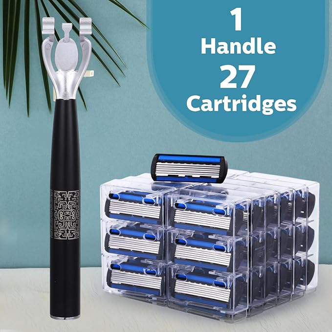 28 Pcs Disposable Men's Razors Set Refillable 6-Blade Sensitive Skin Razor Kit for a Comfortable Shave, 1 Handle and 27 Cartridges