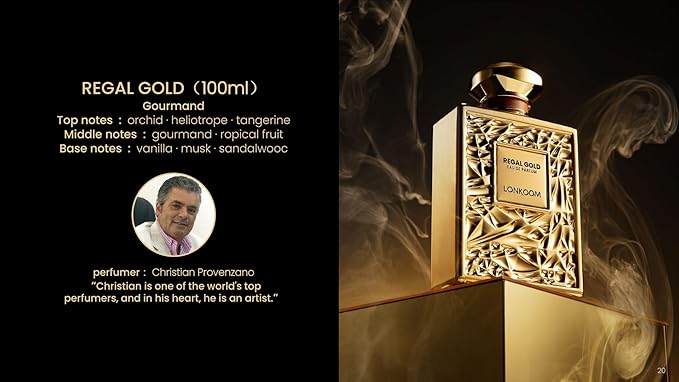Lonkoom Regal Gold Unisex Perfume for Women Men, Fruity Gourmand Eau De Parfum Spray Long-Lasting Fragrance 3.4 Fl Oz/100ml, Tropical Notes of Orchid Heliotrope Tangerine Vanilla Musk Sandalwood
