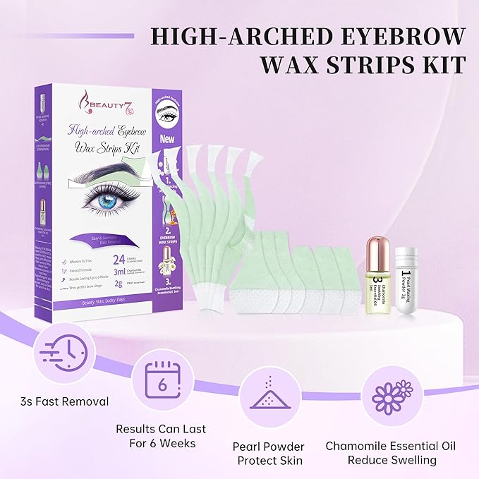 Beauty7 Eyebrow Wax Strips High-arched Eyebrow Wax Strips Kit Hair Removal at Home Waxing 24 Strips with Pearl Powder Essential Oil for Sensitive All Skin Types Women