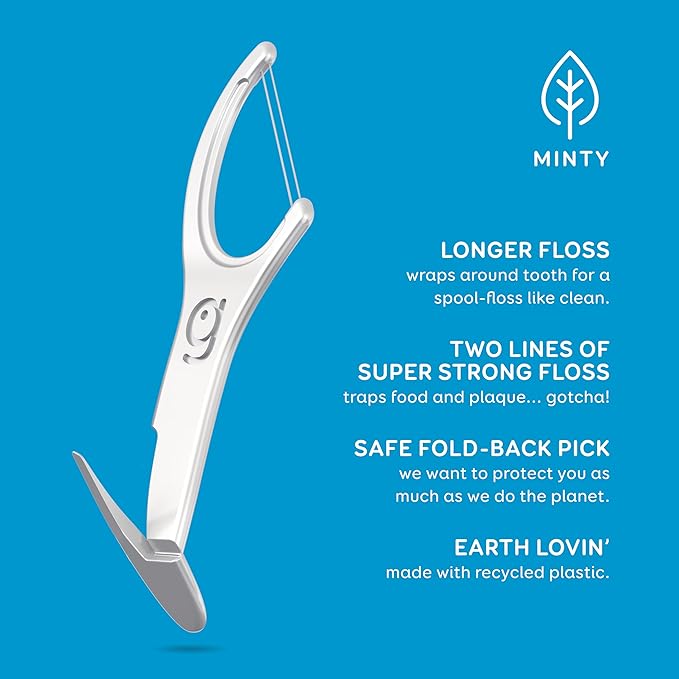 GRIN Double Flosspyx, Floss Picks, 75 Count, Dental Flossers, Minty Flavor, Recycled Plastic, 2 Lines of Strong Floss, Longer Floss Head, Traps Food and Plaque, Includes Safe Soft Fold-Back Tooth Pick