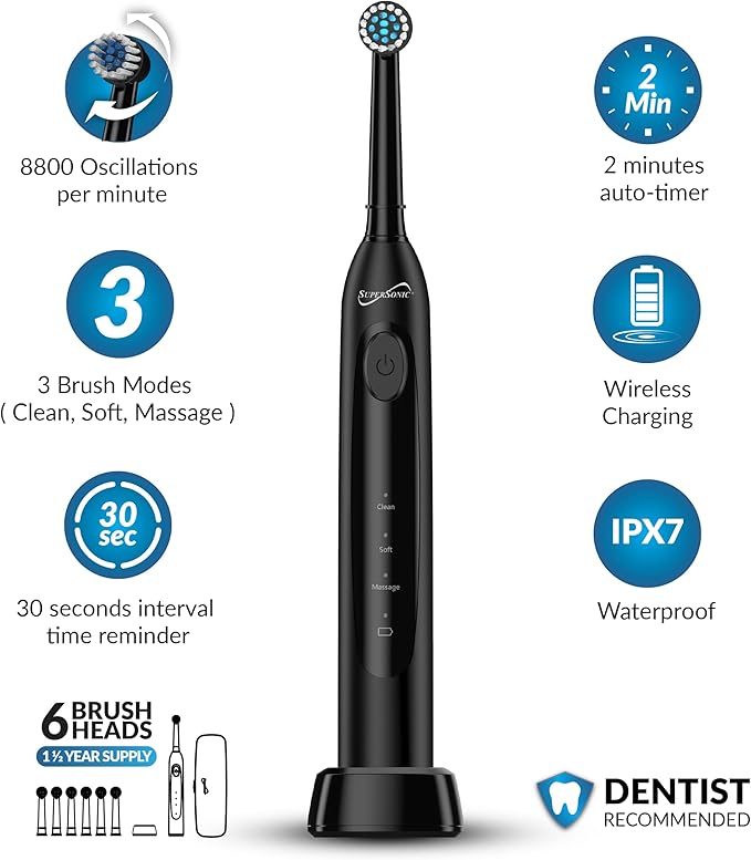 Supersonic TB-1000 Sonic Zoom+ Advanced Rotating Electric Toothbrush | 8,800 OPM | Wireless Charging | 3 Cleaning Modes | 6 Brush Heads | Auto Timer | Travel Case | Black