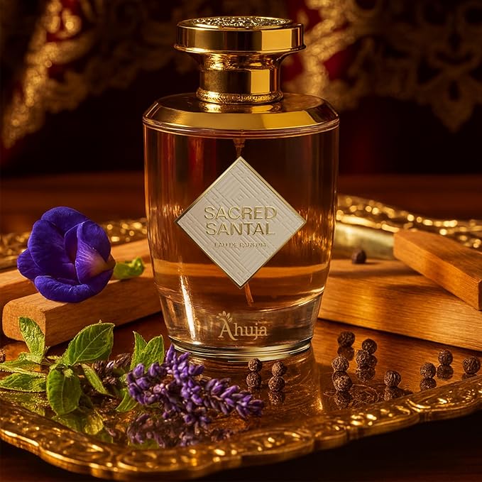 AHUJA Sacred Santal Eau de Parfum 3.4 fl oz – Unisex Luxury Perfume w/Sandalwood, Violet Leaves & Cardamom – Earthy Woody Fragrance w/Spicy Notes – Long-Lasting Cologne