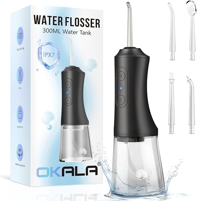 Water Flosser, Water Dental Flosser Pick for Teeth, 300ML IPX7 Waterproof Oral Irrigator, 3 Modes 4 Replaceable Jet Tips, Professional Flossing Cleaning Picks for Home Travel Gums, Braces Care