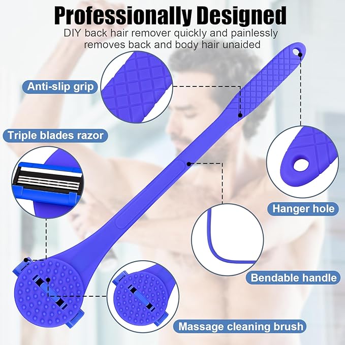 2 in 1 Back Shaver & Massage Cleaning Brush with Bendable Handle, Manual Stainless Steel Razor for Back & Body Hair Removal, Portable Wet Dry Body Groomer with 8 Pcs Replaceable Blades-Blue