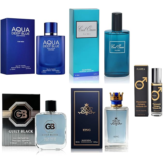 Men's Cologne Gift Set - Variety Pack of 4 Long Lasting Fragrances with 10ml Pheromone Cologne (Aqua Deep Blue/Cool Ocean-Men/Guilt Black/King)