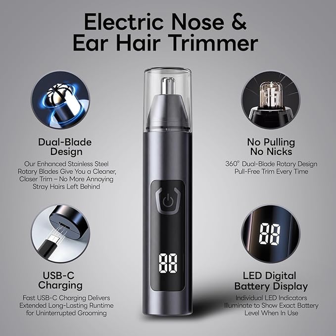 Electric Nose Hair Trimmer for Men Women,Nose & Ear Hair Trimmer,USB-C Charge,Low Noise, Ergonomic Design,Digital Battery Display,Long Lasting, Detachable Washable Head,Mens Nose Trimmer,Ear Hair
