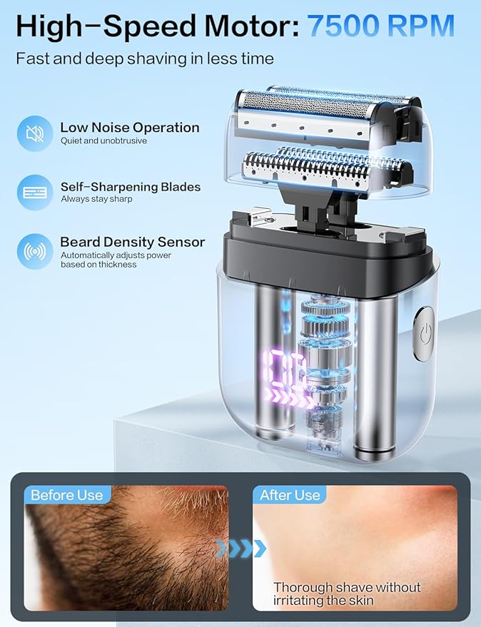 Electric Foil Shavers for Men Electric Razor Mini Cordless Razor IPX7 Waterproof Wet Dry Shaver, Type C Rechargeable, LED Display, Travel Lock, 100 Minute Runtime