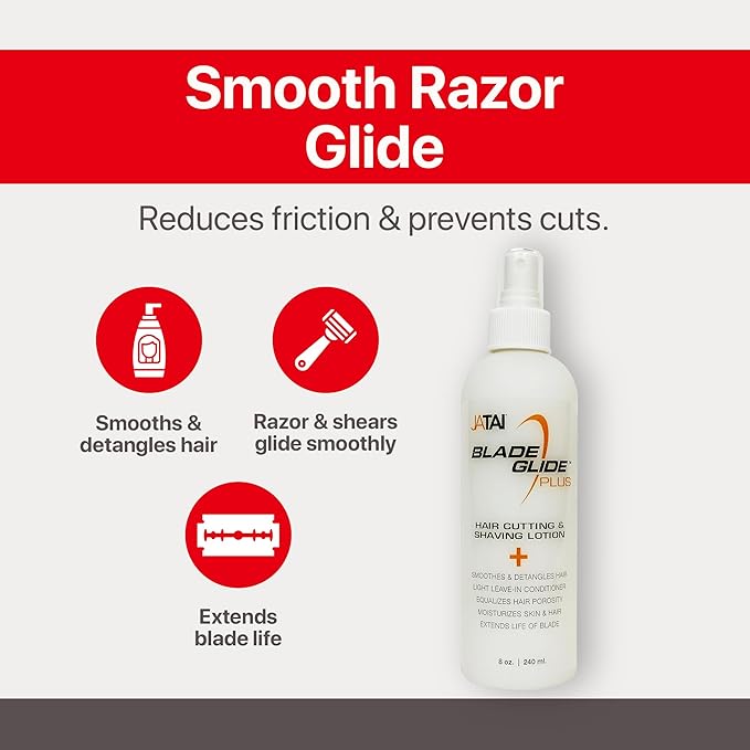 JATAI - Blade Glide Plus - Hair Cutting and Shave Lotion - Moisturizes Skin & Hair - Equalizes Hair Porosity - Extends Life of Blade - With Silicone, Pro Vitamin B5 & Purified Water - 8 Oz