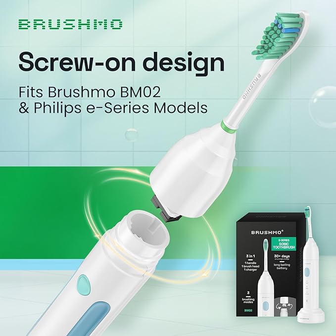 Brushmo e-Series Total Clean Replacement Toothbrush Heads, Compatible with Philips Sonicare Screw-on Electric Toothbrush Handles, 6 Standard Heads, Medium Firm Dupont Bristles, BM726, White