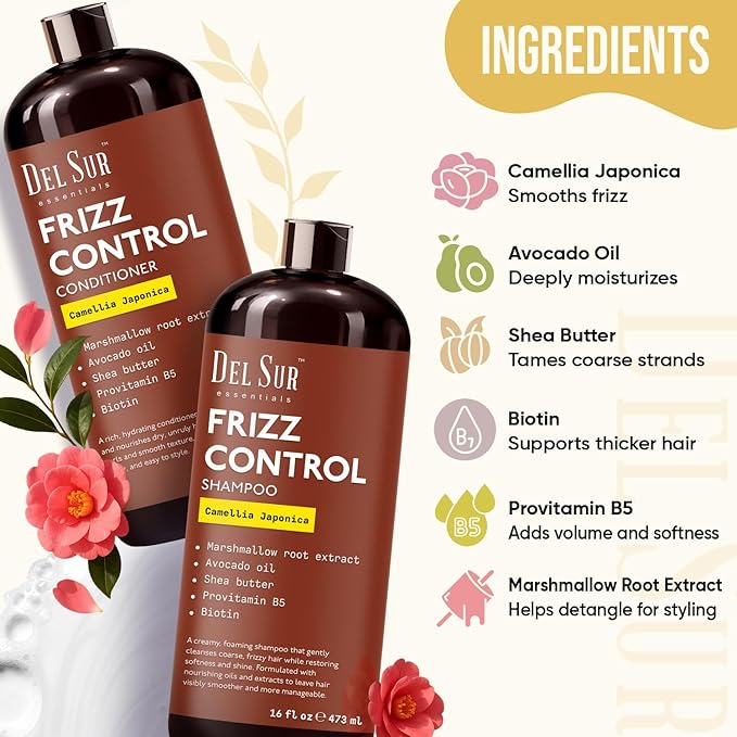 DEL SUR Frizz Control Shampoo and Conditioner Set | 16 fl oz Each | with Camellia Japonica, Shea Butter & Avocado Oil | Smoothing & Anti Frizz for Curly, Wavy & Straight Hair