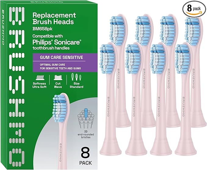 Brushmo Gum Care Sensitive Replacement Toothbrush Heads, Compatible with Philips Sonicare Click-on Toothbrush Handles, 8 Standard Heads, Extra Soft Dupont Bristles for Sensitive Teeth, BM658, Pink