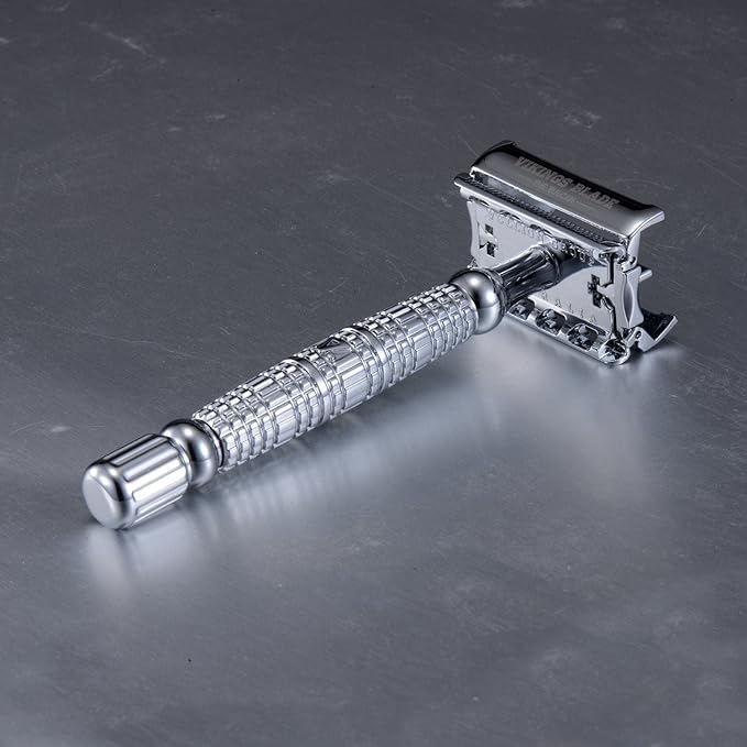 VIKINGS BLADE Double Edge Safety Razor for Men + 5 Swedish Steel Blades + Luxury Case. Long Handle. Smooth, Reusable, Eco-Friendly (The Vulcan)