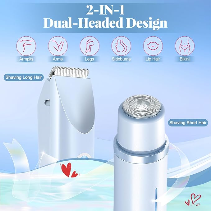 Bikini Trimmer for Women, 2-in-1 Painless Dual Head Shaver Women with Painless Ceramic Blades, Waterproof Electric Razors for Body & Face, Holiday Gift for Her (Blue)