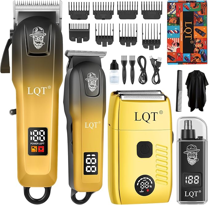 Hair Clippers for Men, with LED Display 4-Piece Cordless Hair Clippers, Beard Trimmer, Foil Shaver & Nose Trimmer, Complete Rechargeable Set for Home Barber Use (Black Gold)