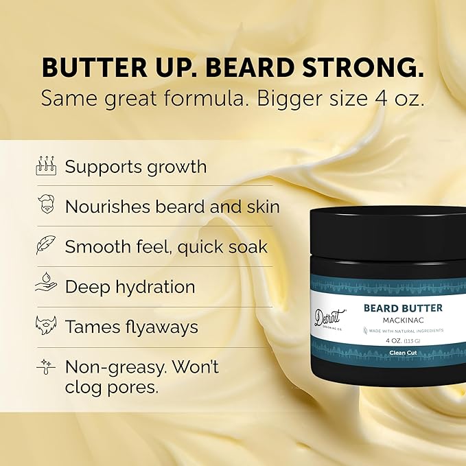 Detroit Grooming Co. Beard Butter for Men | Softens, Thickens & Hydrates with Safflower Oil & Shea Butter | Mackinac Scent, 4oz