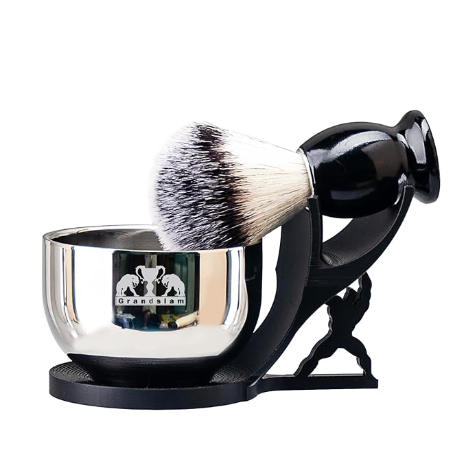 Grandslam Shaving Brush Kit for Men, 3 in 1 Shaving Set Includes Shaving Brush, Stainless Steel Shaving Bowl and Razor & Brush Holder, Black Set