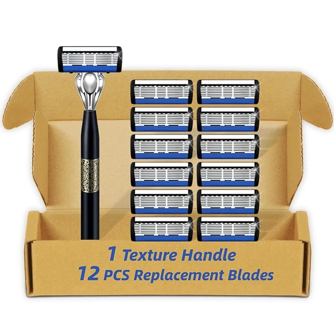 7-Blade Razor for Men, Men's Manual Refill Cartridges Razors Kit, Dual Lubrication Precision Beard Trimmer, Safety Men's Shaving Essentials Kit for Smooth and Comfortable Shave (1 Razor + 12 Blade)
