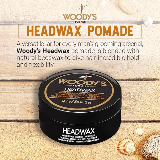 Woody's Headwax Hair Styling Pomade for Men, Natural Beeswax, High Shine, Flexible Hold, Non-Sticky, Moldable Men’s Hair Wax For All Hair Types, 2 oz (2-Pack)