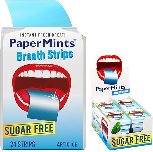Papermints Breath Strips for Bad Breath 24 Strips x 24 pack display. Get Instant Fresh Breath On-the-Go for Dates, Work or Travel. Sugar Free Dissolving Mint Breath Freshener & Pocket Size Oral Strips.