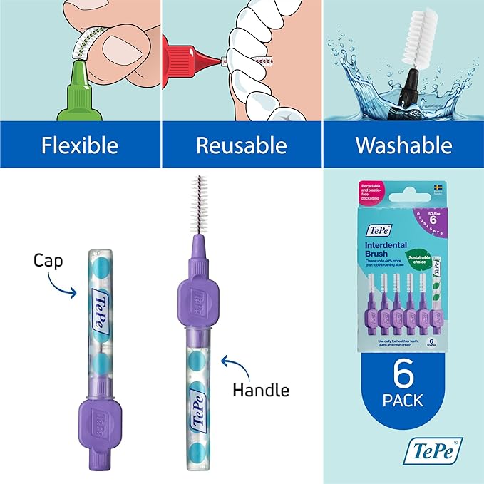 TePe Interdental Brush Original, Soft Dental Brush for Teeth Cleaning, Pack of 6, 1.1 mm, Large Gaps, Purple, Size 6